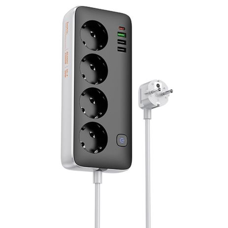 Удлинитель HOCO AC22 Sunlight 4-bit desktop socket (1.5M) |3USB/1Type-C, 30W/3A, PD/QC| black