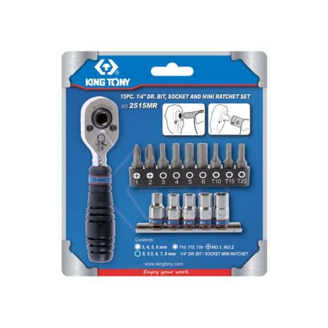 Набір вставок та головок з тріскачкою 1/4", TORX, HEX, PH, 15 од., KING TONY 2515MR