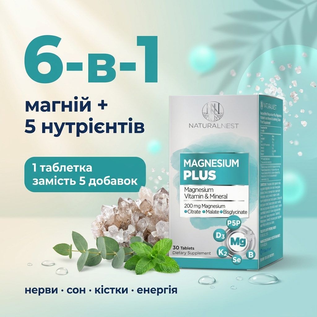 Магній плюс вітаміни та мінерали, дієтична добавка Naturalnest, 30 таблеток Магній плюс вітаміни та мінерали, дієтична добавка Naturalnest, 30 таблеток