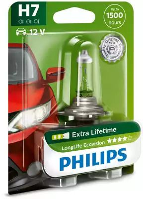 Лампа накаливания H7 12V 55W PX26d longerlife ecovision 1шт blister (пр-во), PHILIPS (12972LLECOB1)