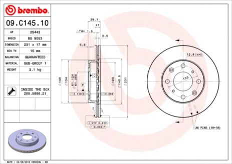 Диск тормозной HONDA LIFE, BREMBO (09C14510)
