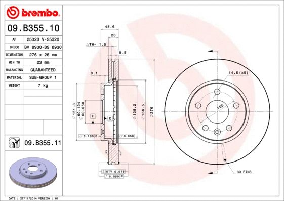 Диск тормозной BUICK (SGM), Chevrolet (SGM), Brembo (09B35511) Диск тормозной BUICK (SGM), Chevrolet (SGM), Brembo (09B35511)