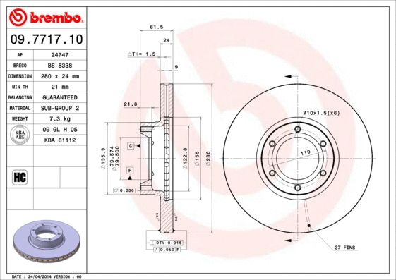 Диск тормозной VAUXHALL MOVANO, OPEL MOVANO, BREMBO (09771710) Диск тормозной VAUXHALL MOVANO, OPEL MOVANO, BREMBO (09771710)
