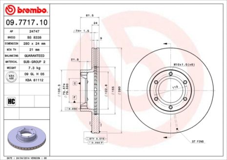 Диск тормозной VAUXHALL MOVANO, OPEL MOVANO, BREMBO (09771710)
