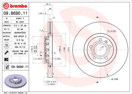 Диск тормозной SEAT EXEO, ZHONGHUA (BRILLIANCE), BREMBO (09869011)