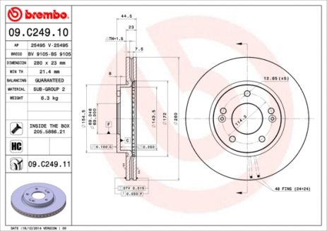 Диск тормозной NAZA FORTE, INOKOM ELANTRA, BREMBO (09C24911)