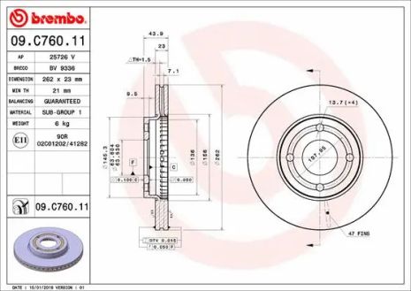 Диск тормозной FORD FIESTA, BREMBO (09C76011)