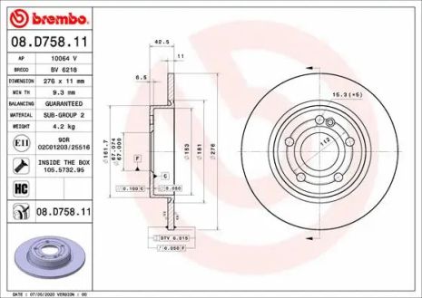 Диск гальмівний MERCEDES-BENZ (BBDC), MERCEDES-BENZ B-CLASS, BREMBO (08D75811)