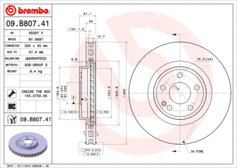 Диск тормозной MERCEDES-BENZ (BBDC), MERCEDES-BENZ GLA-CLASS, BREMBO (09B80741)