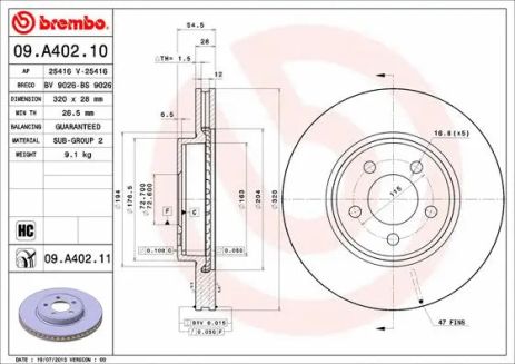 Диск тормозной DODGE CHALLENGER, CHRYSLER 300C, BREMBO (09A40211)