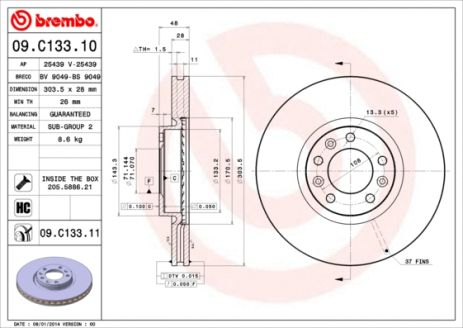 Диск тормозной TOYOTA PROACE, DS DS, BREMBO (09C13311)
