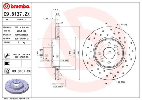 Диск тормозной DACIA DOKKER, RENAULT SCÉNIC, BREMBO (0981372X)