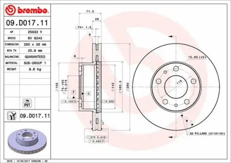 Диск гальмівний VAUXHALL MOVANO, OPEL MOVANO, BREMBO (09D01711) Диск гальмівний VAUXHALL MOVANO, OPEL MOVANO, BREMBO (09D01711)