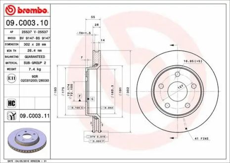 Диск тормозной JEEP WRANGLER, BREMBO (09C00311)