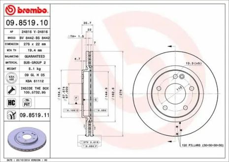 Диск тормозной MERCEDES-BENZ A-CLASS, BREMBO (09851911)