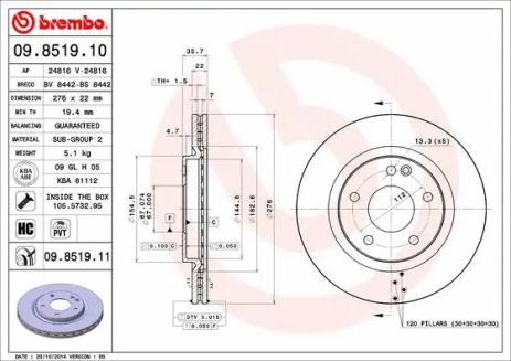 Диск тормозной MERCEDES-BENZ A-CLASS, BREMBO (09851911)