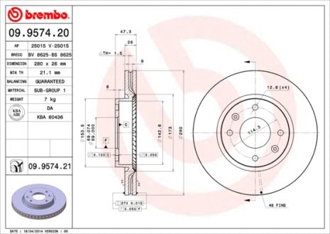 Диск гальмівний KIA (DYK), HYUNDAI (BEIJING), BREMBO (09957421)