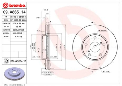 Диск тормозной TOYOTA AURIS, BREMBO (09A86511) Диск тормозной TOYOTA AURIS, BREMBO (09A86511)