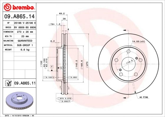 Диск тормозной TOYOTA AURIS, BREMBO (09A86511) Диск тормозной TOYOTA AURIS, BREMBO (09A86511)