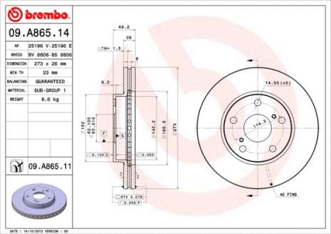 Диск тормозной TOYOTA AURIS, BREMBO (09A86511) Диск тормозной TOYOTA AURIS, BREMBO (09A86511)
