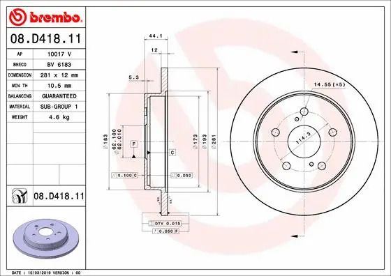 Диск тормозной TOYOTA (FAW), LEXUS NX, BREMBO (08D41811) Диск тормозной TOYOTA (FAW), LEXUS NX, BREMBO (08D41811)