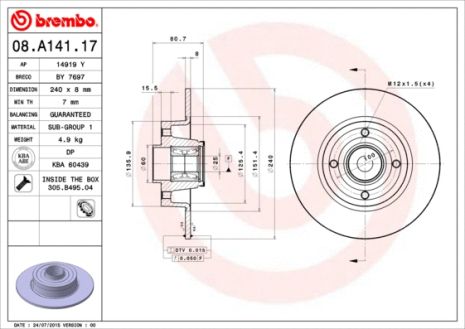 Диск тормозной RENAULT MEGANE, BREMBO (08A14117) Диск тормозной RENAULT MEGANE, BREMBO (08A14117)