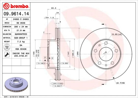Диск тормозной PEUGEOT BOXER, BREMBO (09961414) Диск тормозной PEUGEOT BOXER, BREMBO (09961414)