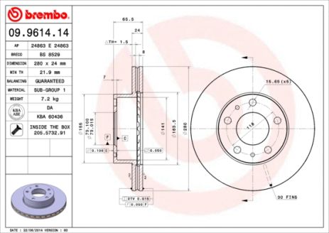 Диск тормозной PEUGEOT BOXER, BREMBO (09961414) Диск тормозной PEUGEOT BOXER, BREMBO (09961414)