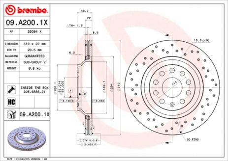 Диск тормозной AUDI (SAIC), AUDI (FAW), BREMBO (09A2001X) Диск тормозной AUDI (SAIC), AUDI (FAW), BREMBO (09A2001X)