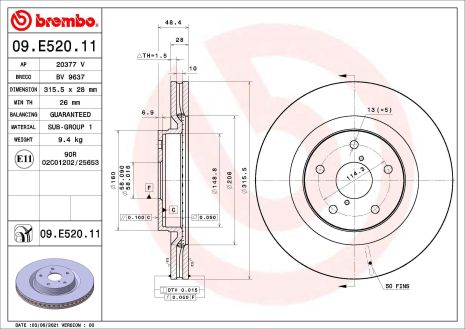 Диск тормозной SUBARU FORESTER, BREMBO (09E52011)