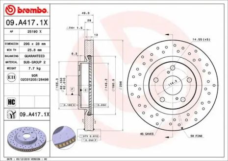 Диск тормозной GLEAGLE GX7, ENGLON SX7, BREMBO (09A4171X)