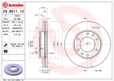 Диск тормозной HYUNDAI H-1, BREMBO (09B61110)