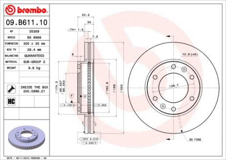 Диск тормозной HYUNDAI H-1, BREMBO (09B61110)