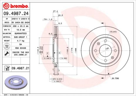 Диск тормозной CITROËN (DF-PSA), PEUGEOT PARTNER, BREMBO (09498721)
