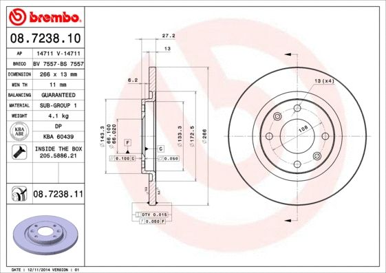 Диск тормозной PEUGEOT (DF-PSA), CITROËN C4, BREMBO (08723811) Диск тормозной PEUGEOT (DF-PSA), CITROËN C4, BREMBO (08723811)