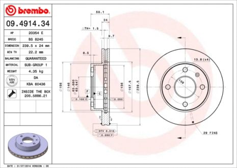 Диск тормозной TVR CHIMAERA, FORD ESCORT, BREMBO (09491434) Диск тормозной TVR CHIMAERA, FORD ESCORT, BREMBO (09491434)