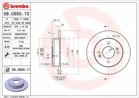 Диск гальмівний HYUNDAI i10, BREMBO (08C65011)