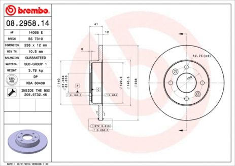 Диск тормозной DACIA SANDERO, RENAULT LOGAN, BREMBO (08295814) Диск тормозной DACIA SANDERO, RENAULT LOGAN, BREMBO (08295814)