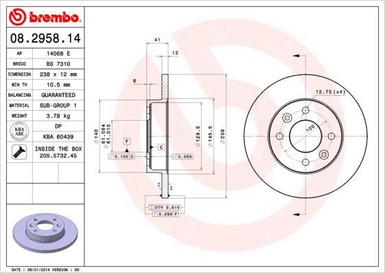 Диск тормозной DACIA SANDERO, RENAULT LOGAN, BREMBO (08295814) Диск тормозной DACIA SANDERO, RENAULT LOGAN, BREMBO (08295814)