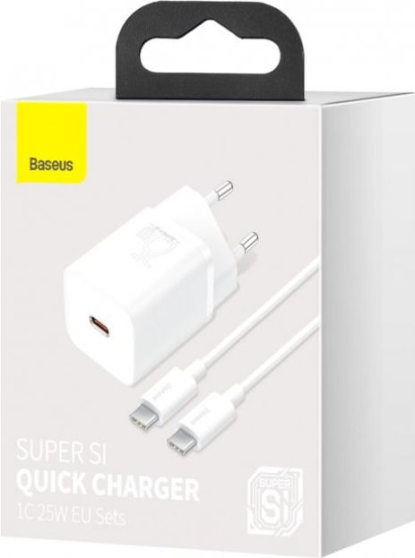 Сетевое зарядное устройство Baseus Super Si Quick Charger 25W Белое + кабель Type-C to Type-C 3A (1м)