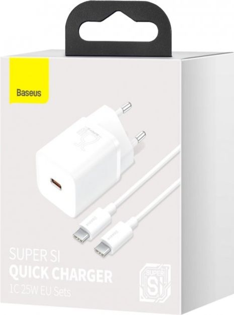 Сетевое зарядное устройство Baseus Super Si Quick Charger 25W Белое + кабель Type-C to Type-C 3A (1м)