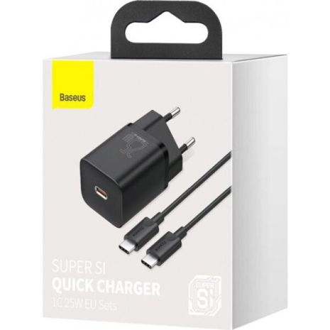 Сетевое зарядное устройство Baseus Super Si Quick Charger 25W Черное + кабель Type-C to Type-C 3A (1м)