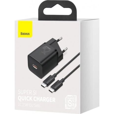 Сетевое зарядное устройство Baseus Super Si Quick Charger 25W Черное + кабель Type-C to Type-C 3A (1м)