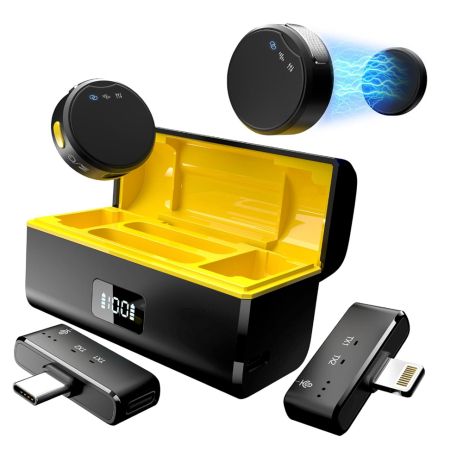 Беспроводной петличный микрофон M9 2-in-2 с двумя адаптерами для iPhone, Android Black/yellow