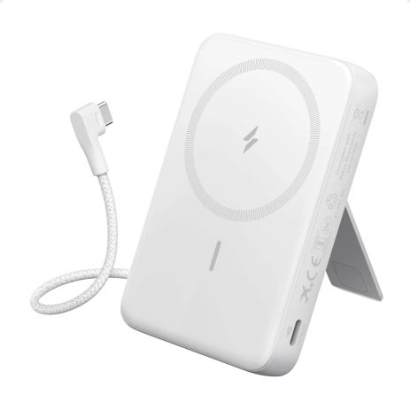 Магнитный беспроводной павербанк Anker Zolo 10000 mAh 30W с встроенным кабелем Type-C и подставкой A1685 White