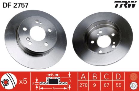 Диск тормозной C-class 2.0-2.2CDI задний, TRW (DF2757) 2 шт. в упак. (A2034230112)