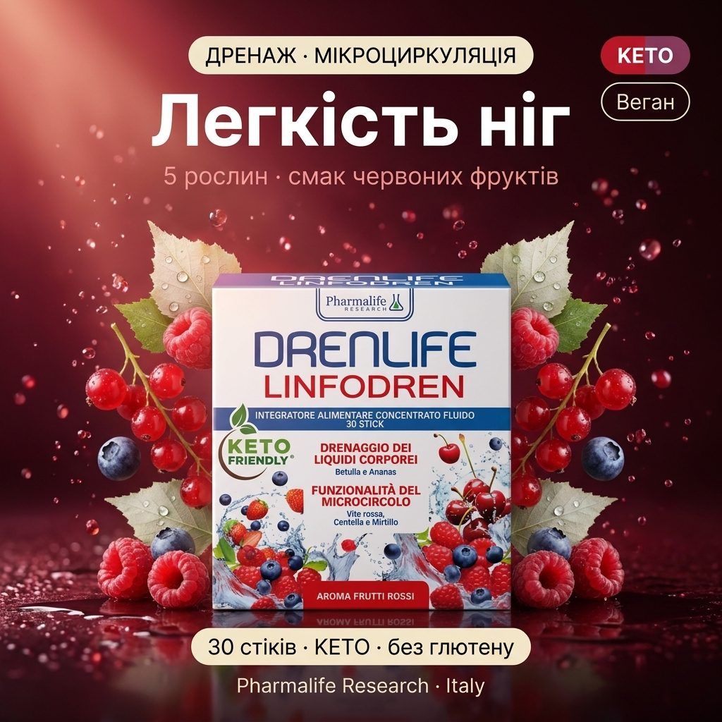 Дренажна харчова добавка Drenlife зі смаком червоних фруктів, 30 стіків по 10 мл Дренажна харчова добавка Drenlife зі смаком червоних фруктів, 30 стіків по 10 мл