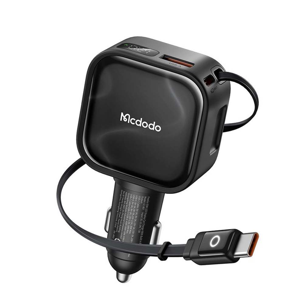 Автомобильное зарядное устройство Mcdodo FreeGo Pro 93W с выдвижным кабелем, LED-дисплеем, USB-C+USB-A, поддержкой PD/QC CC-8670 Автомобильное зарядное устройство Mcdodo FreeGo Pro 93W с выдвижным кабелем, LED-дисплеем, USB-C+USB-A, поддержкой PD/QC CC-8670