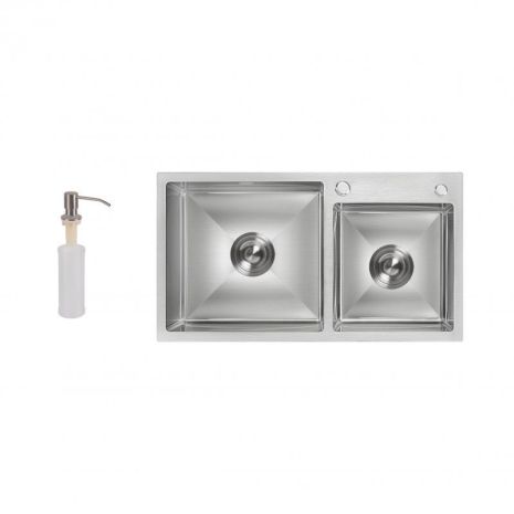 Кухонная мойка с двумя чашами Lidz Handmade H7843 (LDH7843BRU35387), Brushed Steel 3,0/1,0 мм