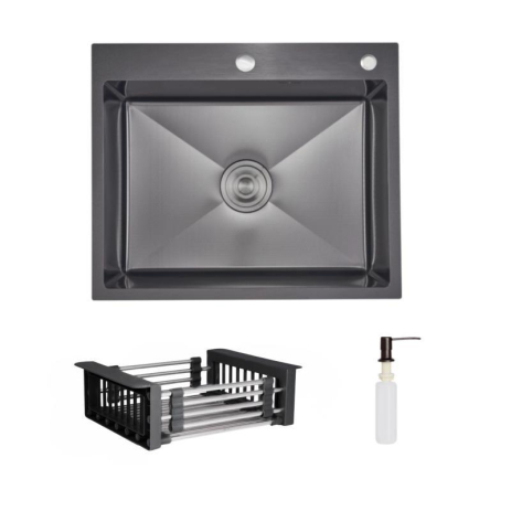 Комплект Lidz Handmade H6050HB Мойка для кухни интегрированная Decor Black PVD Honeycomb в комплекте с дозатором+ LIDZK01B Корзина